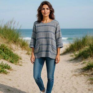 Pure Jill Size SP Blue Stripped Linen Blend Front Pockets Oversized Tunic Top